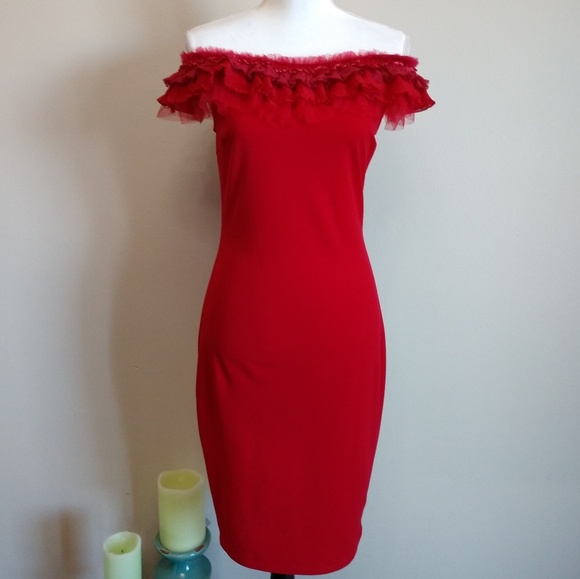 red off the shoulder frill dress
